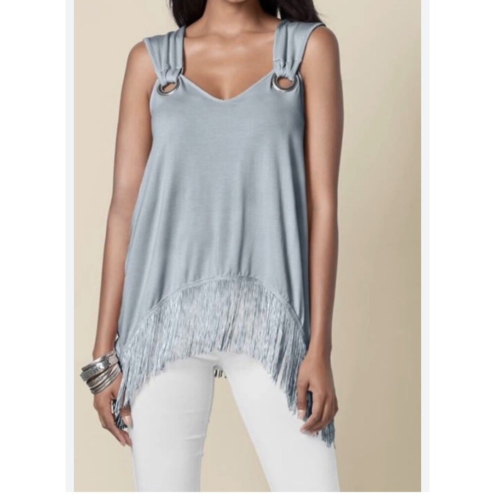Venus Women’s Blue Sleeveless Top With Fringe Hem Size m